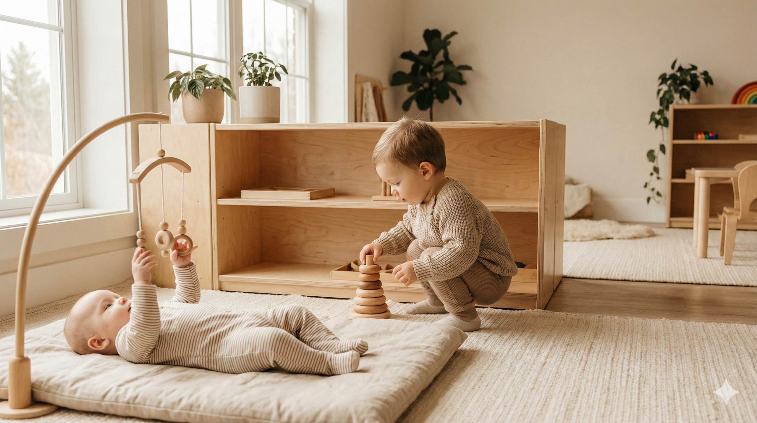 A calm, naturally lit Montessori infant classroom with low wooden shelves, natural materials, and a toddler independently exploring sensory activities